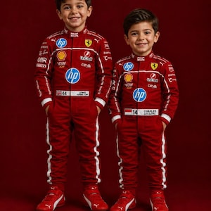 Puede incluir: Dos niños con monos de carreras rojos a juego con rayas laterales blancas y varios logotipos de patrocinadores como HP, Shell y UniCredit. Un traje lleva el nombre Lewis Hamilton y el número 44, mientras que el otro muestra Charles Leclerc y el 14.