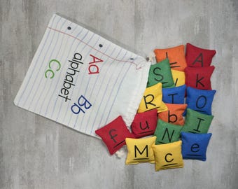 26 Mini Alphabet Bean Bags in bold or pastel colors with storage bag US Shipping Included