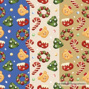 Könnte beinhalten: Ein sich wiederholendes Muster mit weihnachtlichen Illustrationen. Das Design umfasst Zuckerstangen, Kränze, Weihnachtsbäume und bärenförmige Kekse. Die Farbpalette umfasst rote, grüne, goldene und weiße Elemente auf blauem, beigem und goldenem Hintergrund.