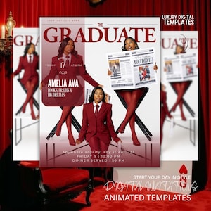 Könnte beinhalten: Digitale Einladungsvorlage im Burgunder-Thema. Das Design zeigt ein Magazin-Cover mit der Überschrift „THE GRADUATE“ und dem Namen „AMELIA AVA“. Die Einladung enthält Eventdetails und den Text „DIGITAL INVITATIONS“.