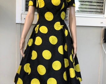 yellow and black party dress Vtg 80s Scaasi Nights Black, Yellow Polka Dot Bare Shoulder Party Dress 10