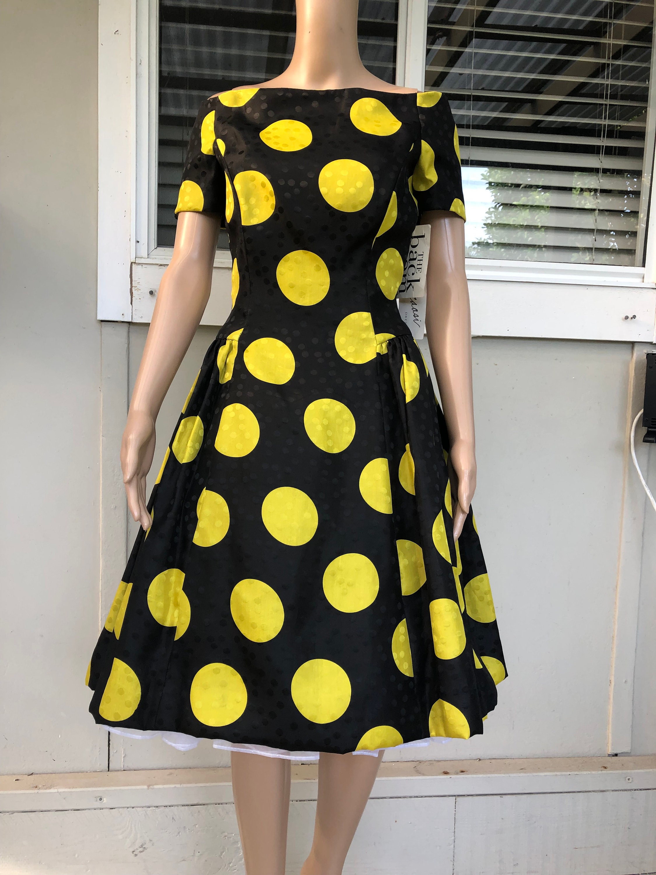black dress with yellow polka dots Vtg 80s Scaasi Nights Black, Dot Bare Shoulder Party 10 Color:LIGHT-BLUE Bachelorette Dresses - Peppermayo Customize Dresses performance dress