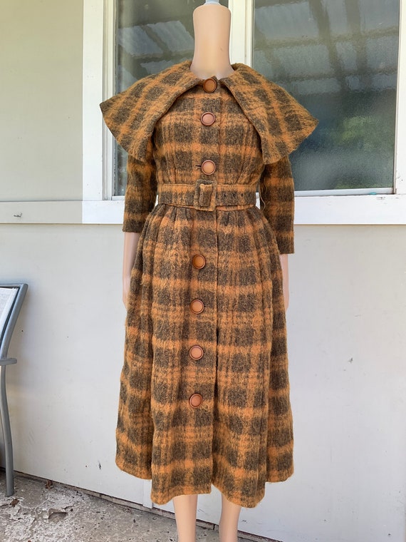 Vtg 50/60s David Jones Coat Dress Brown Check XS - image 1