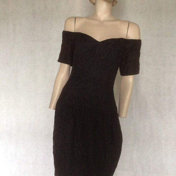 Vtg 80s short black Lace Cocktail Dress Ann Taylor Nicole Miller 8