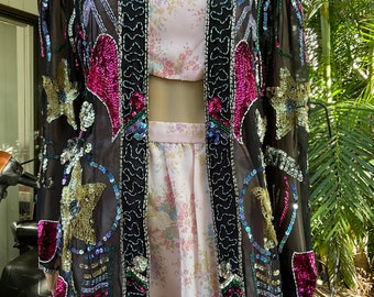 Vtg 80s sequin and beaded longer length Nadine jacket S