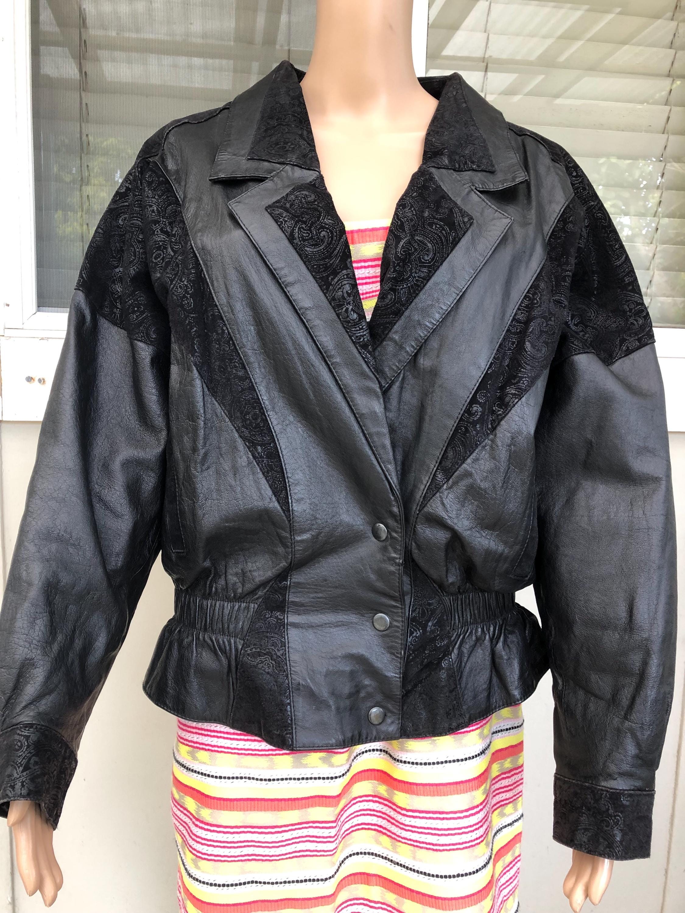 Vtg 80s Black Leather Suede Combo Bomber Jacket 16 - Etsy