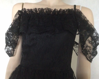 Vtg 80s black lace flared circle skirt, sleeveless ‘Dorette Exclusive Mode’ formal, cocktail party dress 10