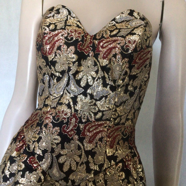 Vtg 80s Victor Costa gold, black and red rose brocade 50s style  cocktail party dress 8