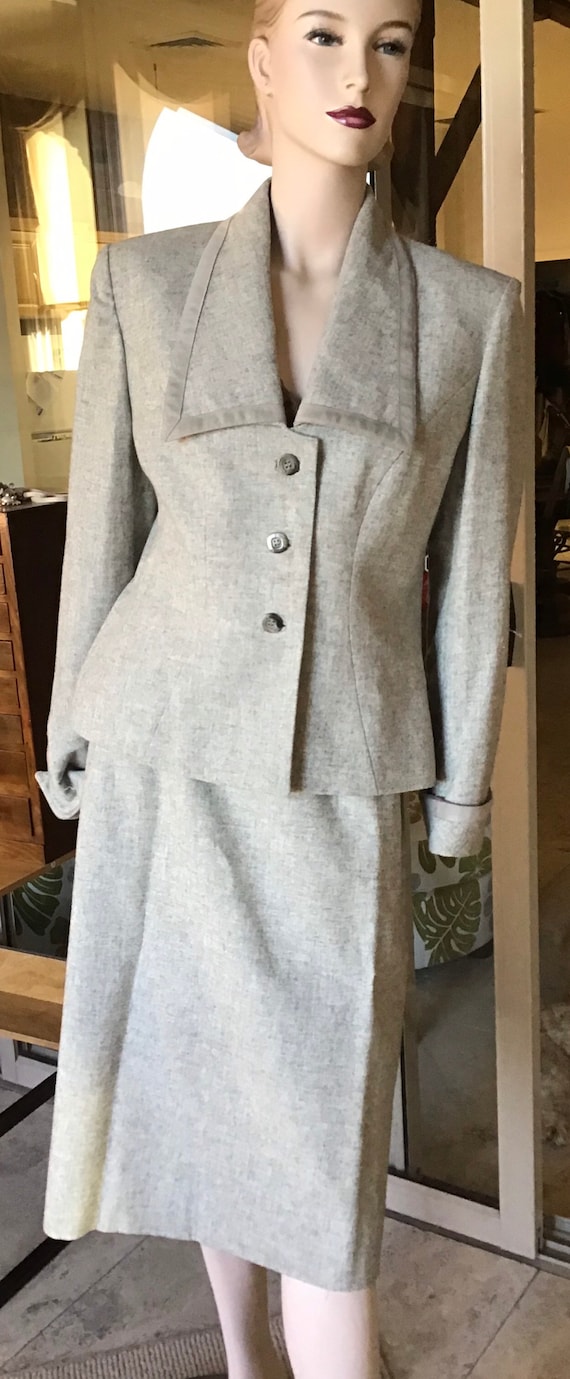 Vtg Lilli Ann Grey Wool Jacket Skirt Suit S