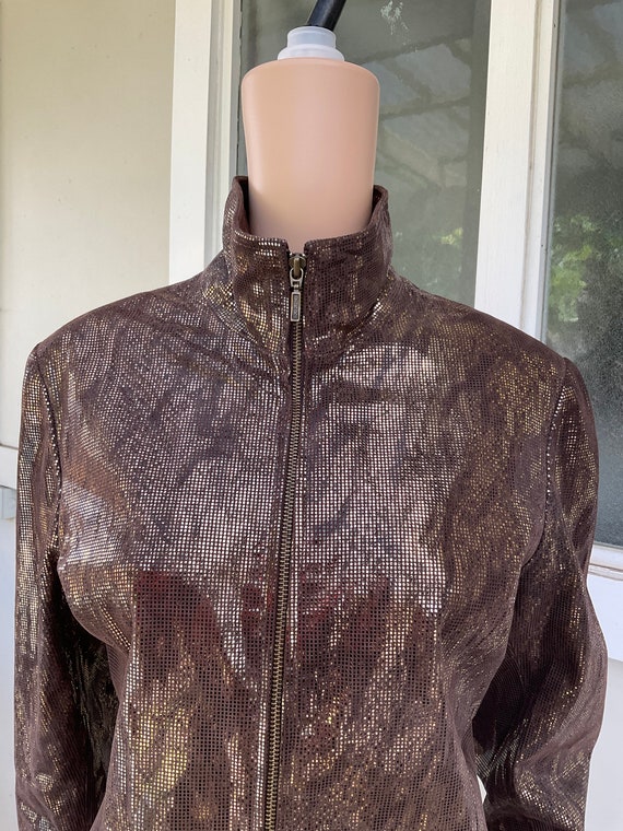 Vtg 90s Brown Leather Foil Check Zip Jacket Yvonn… - image 6