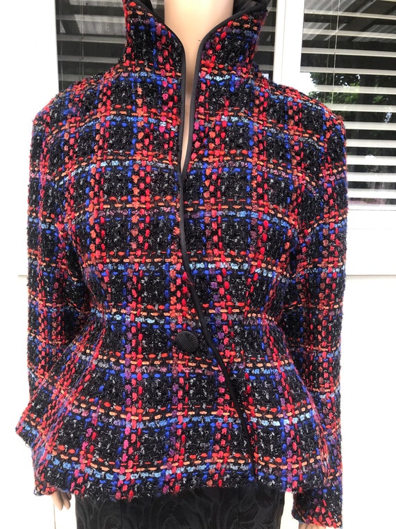 Vtg 80s Couture Made Contoured Red Blue Wool Tweed