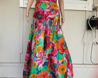 Vtg Scaasi Vibrant Coloured Floral Drop Waist Sleeveless Ball Gown  10