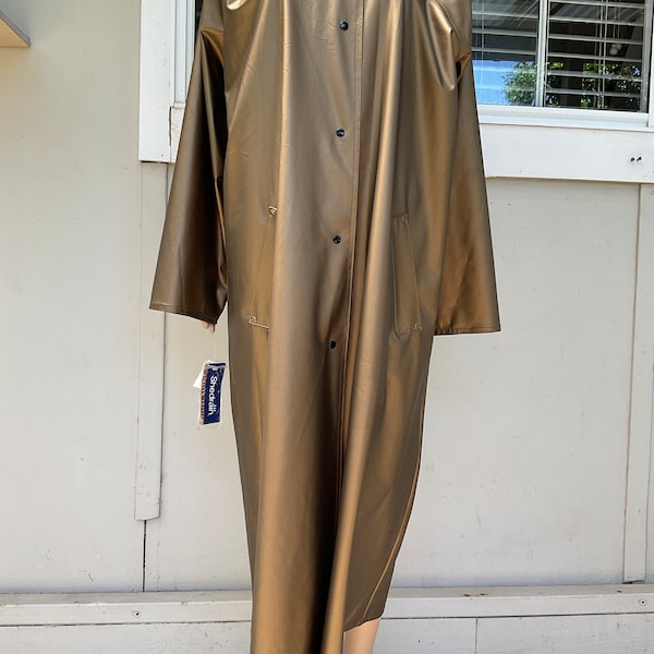 VTG Années 80 Shedrain Bronze Vieil Or Long Imperméable PVC M