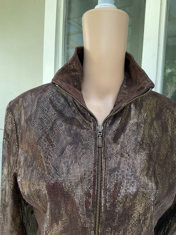 Vtg 90s Brown Leather Foil Check Zip Jacket Yvonn… - image 5