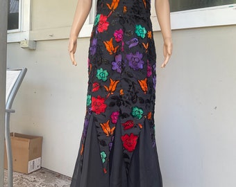 Vtg 80s Frank Usher Floral Sleeveless Ball Gown 12