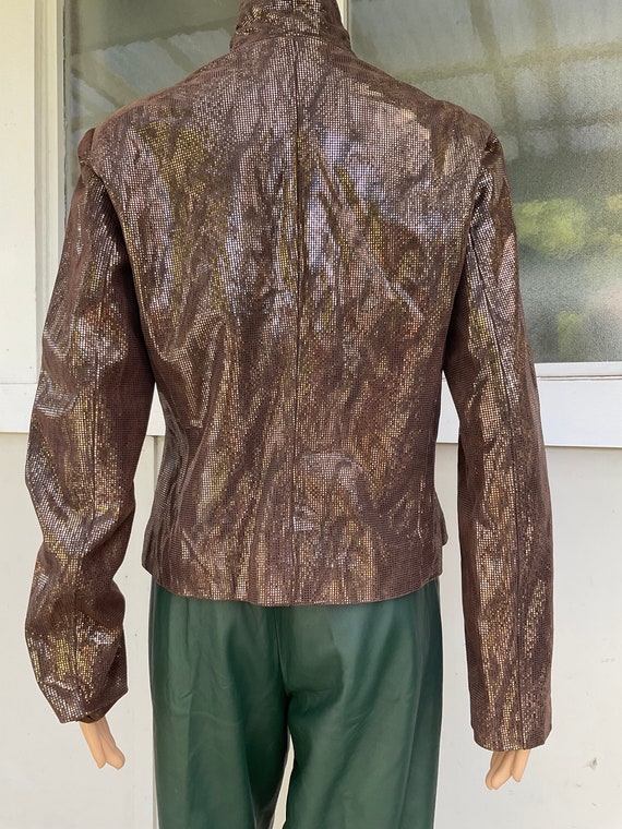 Vtg 90s Brown Leather Foil Check Zip Jacket Yvonn… - image 7