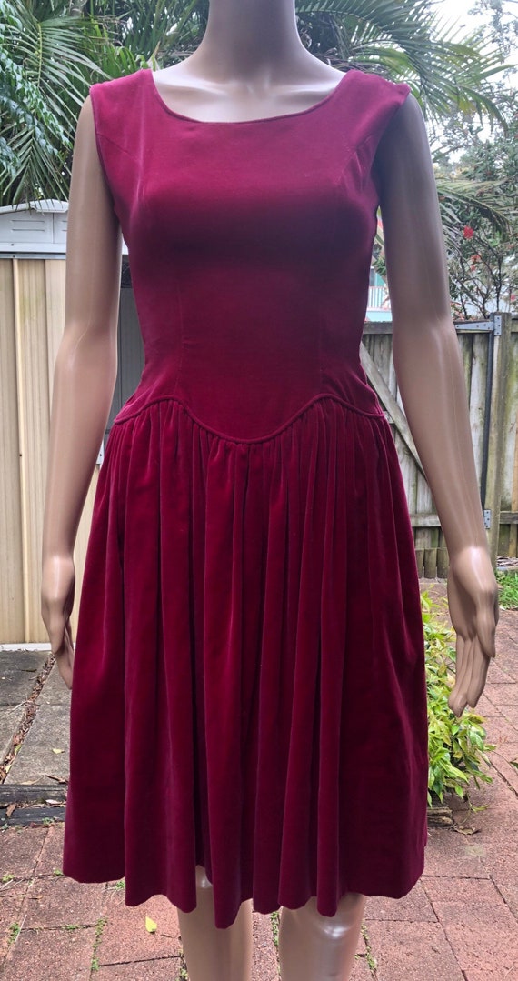 Vtg 50s deep cherry red cotton velvet dress and bo