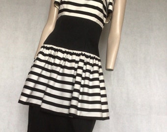 Vtg 80s A J Bari black and White striped peplum style dress 12/14