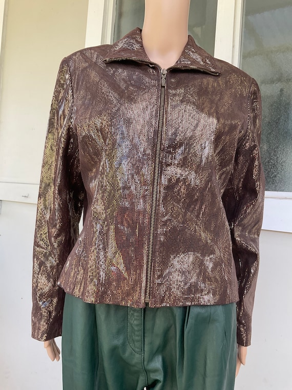 Vtg 90s Brown Leather Foil Check Zip Jacket Yvonn… - image 1