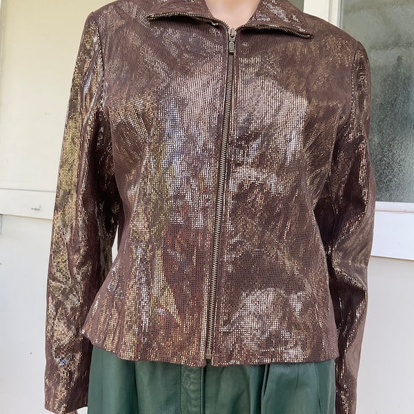 Vtg 90s Brown Leather Foil Check Zip Jacket Yvonne & Marie 8