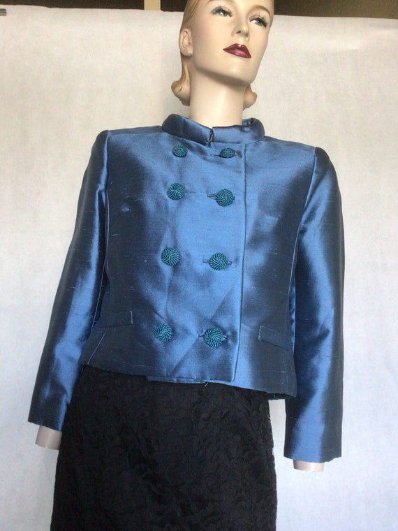 Vtg 60s  custom made teal blue crop silk like box… - image 1