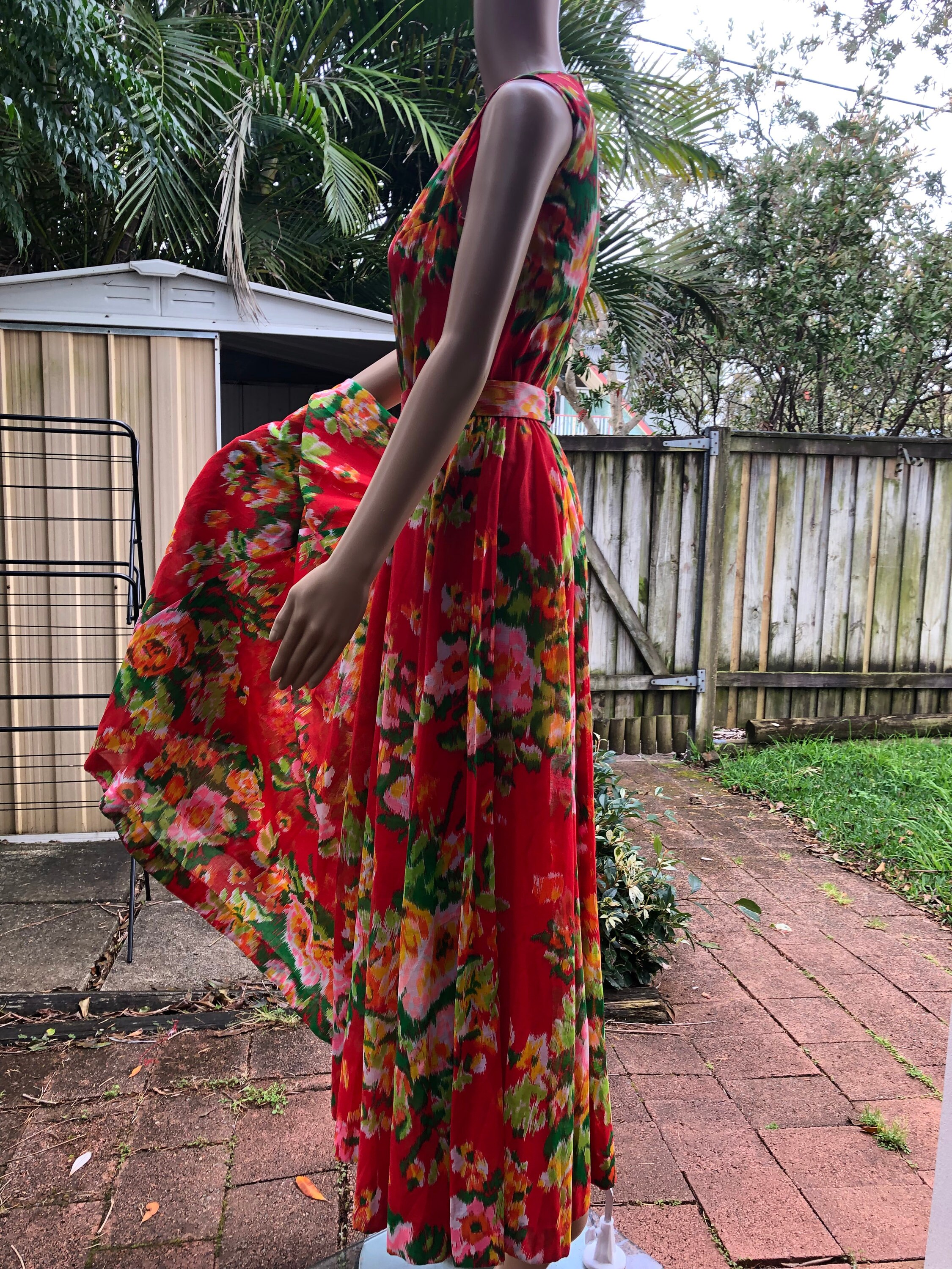70s Lanz Tulip Dress Full Skirt Multi Midi SATC Sundress