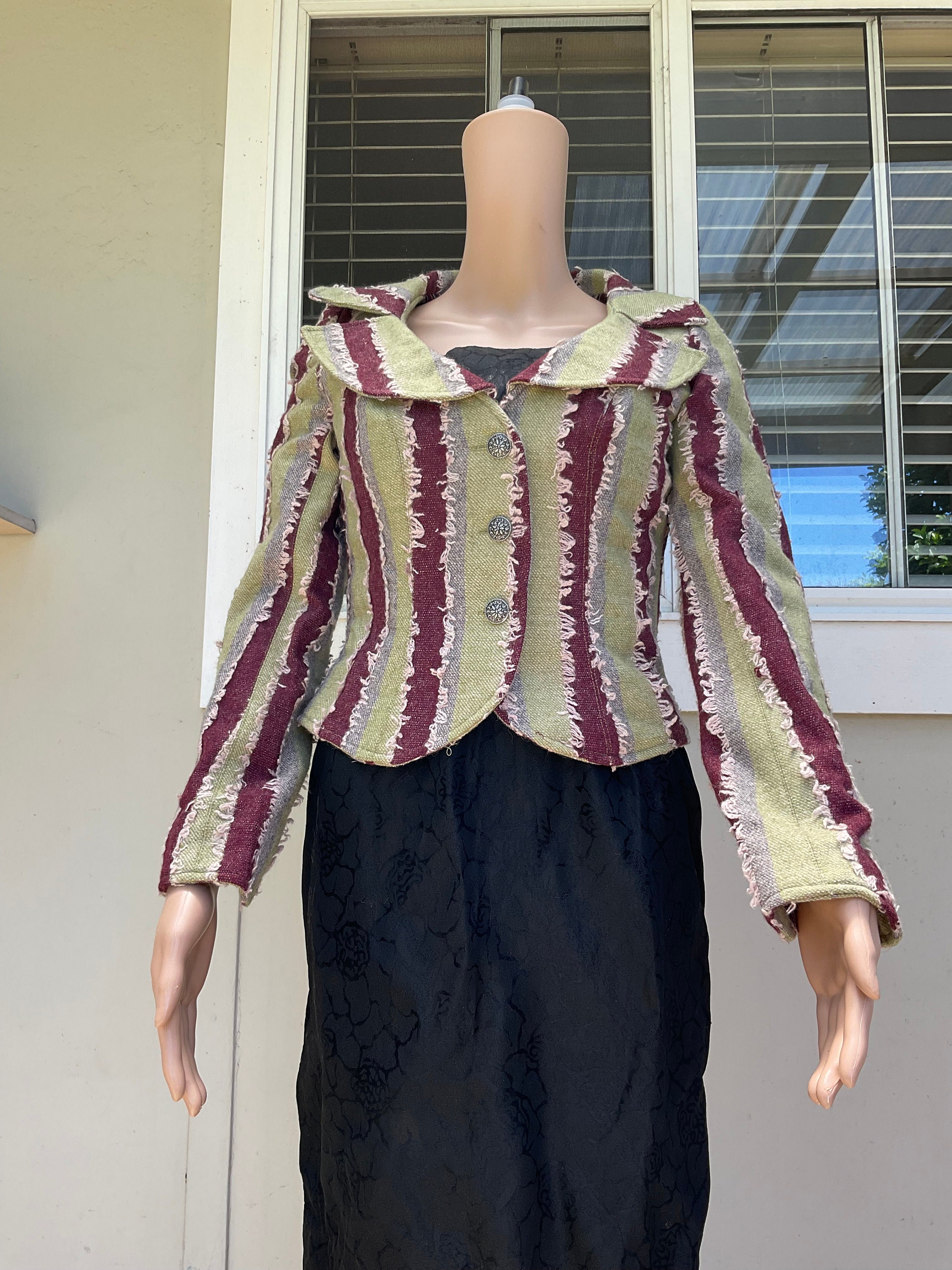 Vtg 90s Per Una Steampunk Green, Purple White Flock Regency Stripe Jacket 8