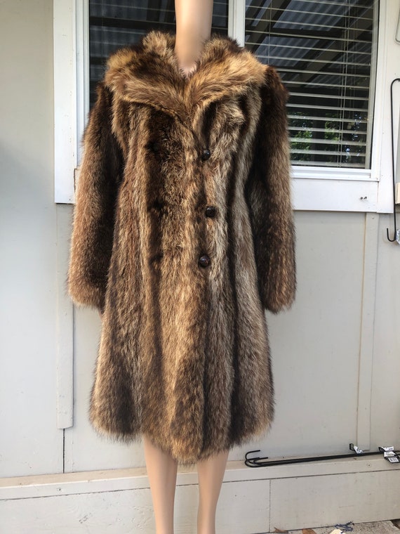 Vtg 80s Genuine Raccoon Fur Knee Length Overcoat M