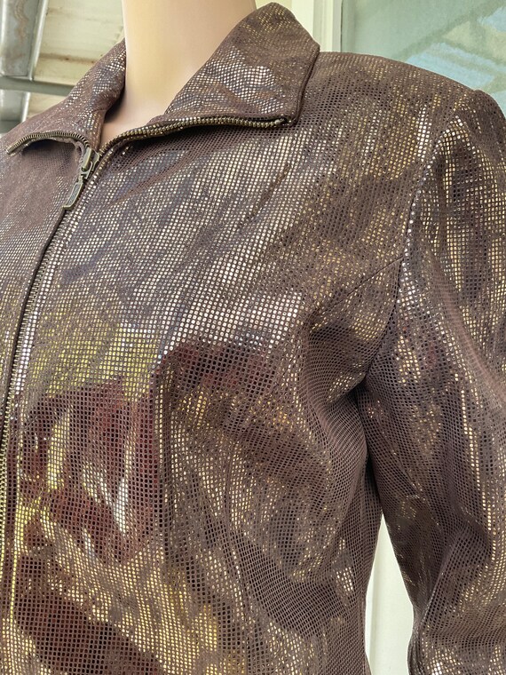Vtg 90s Brown Leather Foil Check Zip Jacket Yvonn… - image 3