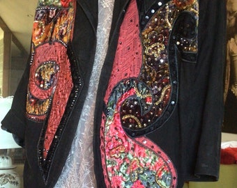 Vtg 90s Black Suede Neiman Marcus Slouch Paisley Embellished Sequin Jacket L