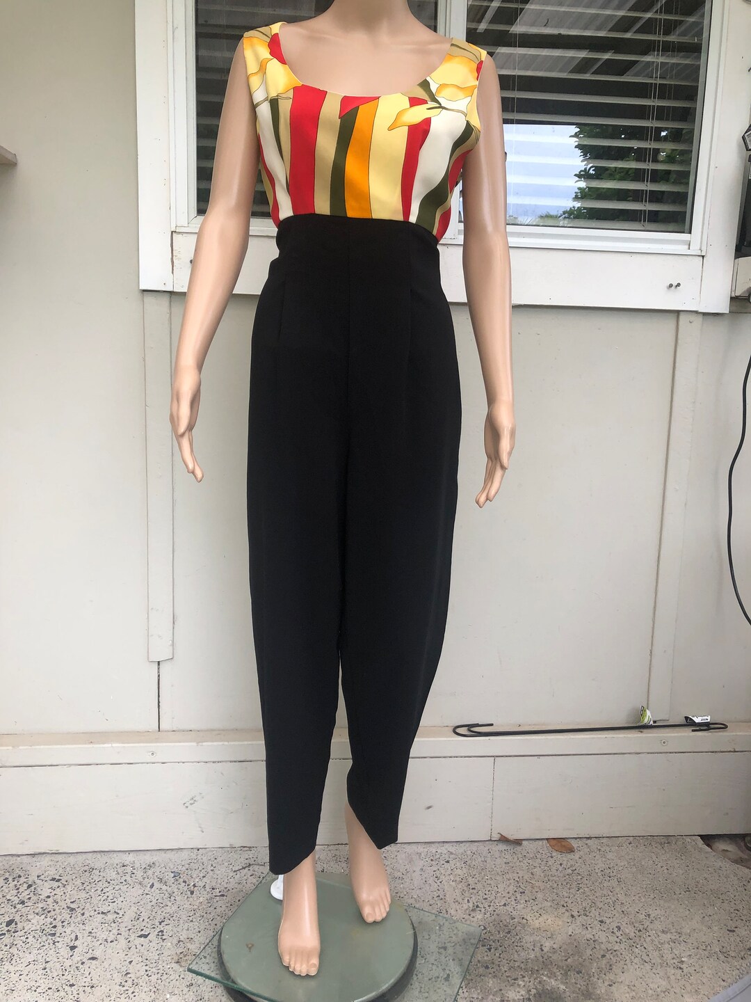 Vtg 80s Mesmerise Black Jumpsuit Print Bodice 12 UK