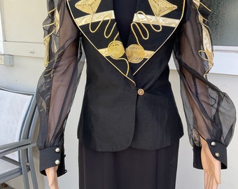 Nomi Rubinstein/ 80's Couture Blazer/ 80's Black and Gold Dress Jacket/ Sheer Sleeve Jacket/ Vintage Gold Embroidered Jacket/ Size S-M
