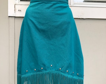 Vtg 70s Turquoise Studded Fringed Asymmetric Mini Skirt S