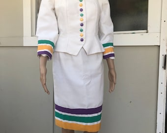 Vtg 90s Victor Costa white skirt suit