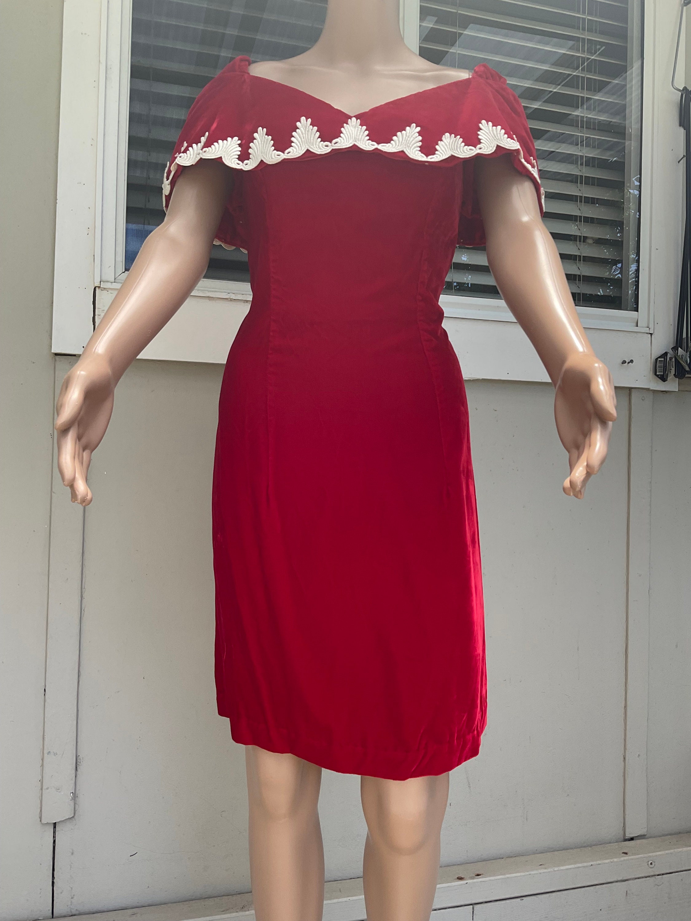 Vtg 80s Red Velvet Knee Length Dress Shawl Collar Embroidered 10 - Etsy  Canada