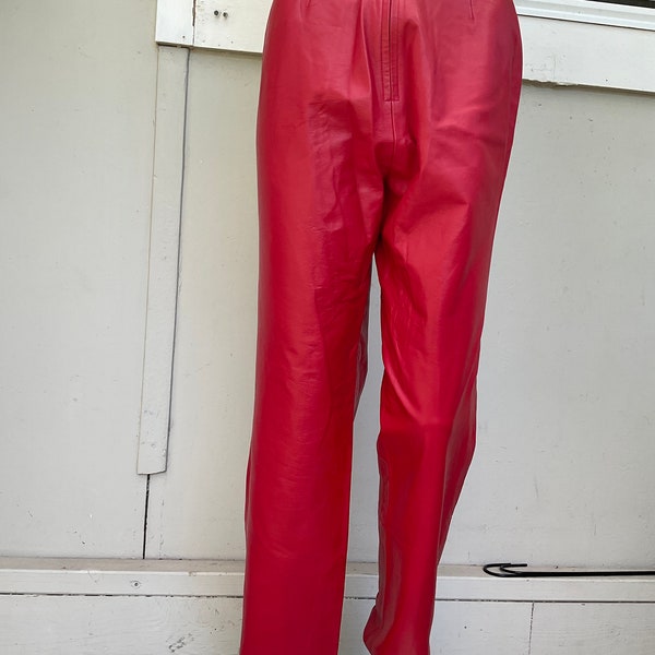 Vtg 80s Red Leather Straight Leg Pants S