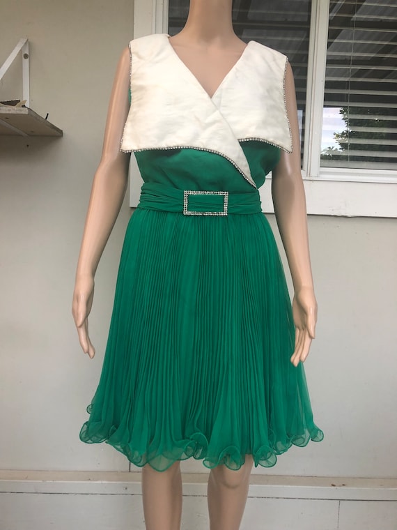 Vtg 60s Jack Bryan Green Diamant Short Pleated Cocktail Dress 10