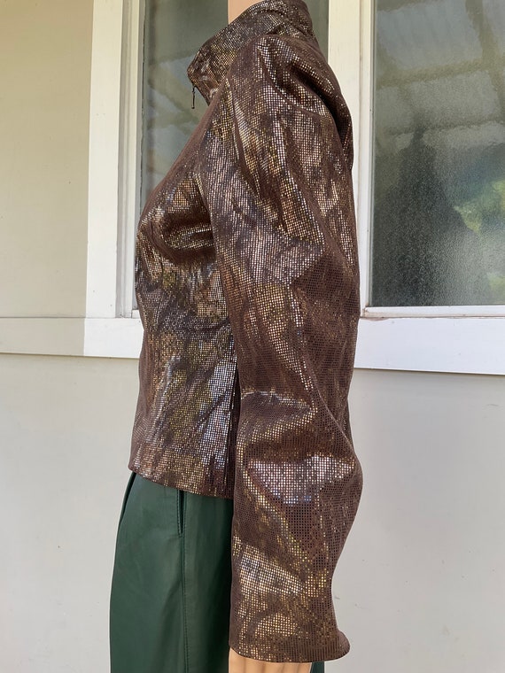 Vtg 90s Brown Leather Foil Check Zip Jacket Yvonn… - image 9