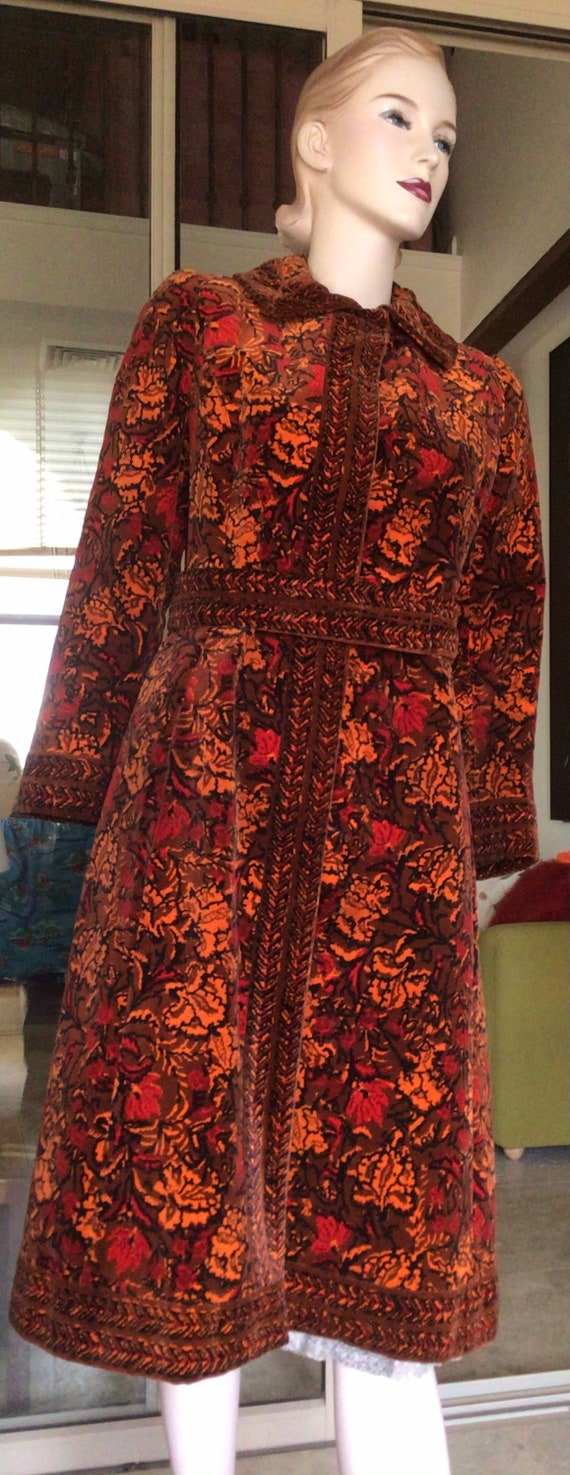 Vtg 60s Boho Paisley Velvet Floral Coat Dress Jose