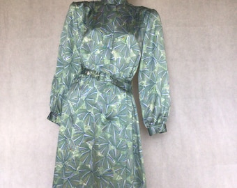 Vtg 70s Women’s psychedelic, green/grey abstract pattern shirt dress 12