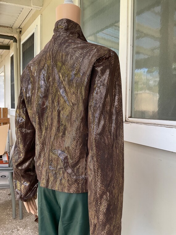 Vtg 90s Brown Leather Foil Check Zip Jacket Yvonn… - image 8