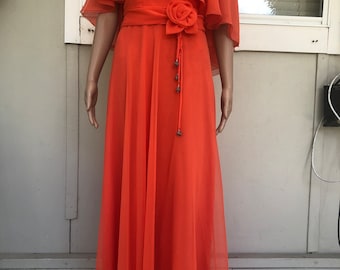 Vtg 70s Mary Charmaine Orange Chiffon Floaty Dress 8