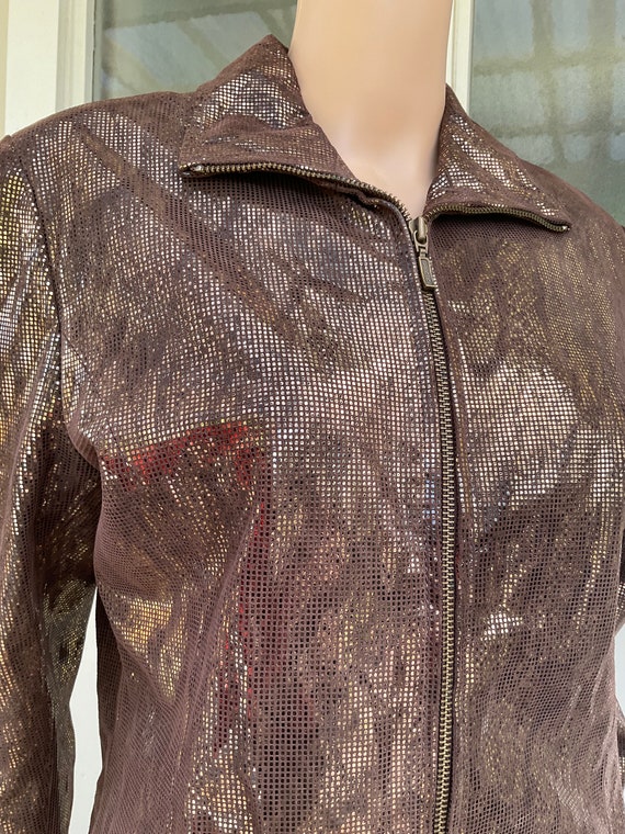 Vtg 90s Brown Leather Foil Check Zip Jacket Yvonn… - image 2