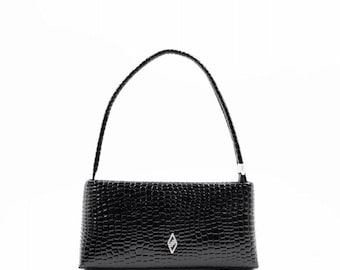 Bolso baguette de cocodrilo negro / Elegante bolso de hombro de piel sintética