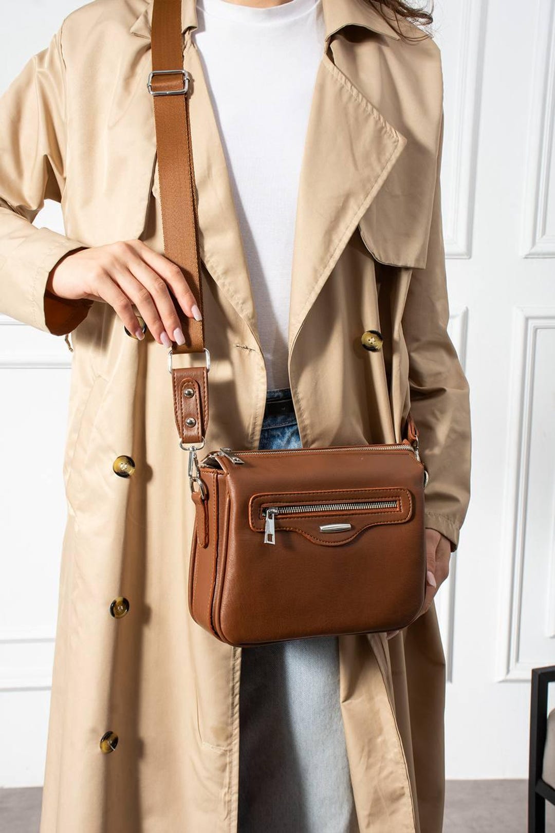 Brown Faux Leather Crossbody Bag – Adjustable Strap | Multi  display picture 2
