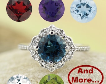 Personalized Gems & Diamond Vintage Floral Ring In 14k White Gold. Gem1224