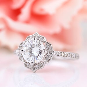 Certified 7mm Forever One Moissanite Near Colorless Engagement Ring Vintage Floral style In 14k White Gold, Gem1224 image 1