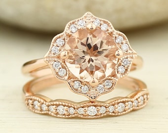 Bridal Set Floral Design  Fancy Morganite Engagement Ring with Milgrain 14K Rose Gold Diamond Halo Wedding SET 8mm Round -Gem1141-1277