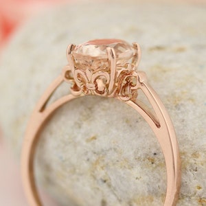 Natural Morganite Solid 14K Rose Gold Fleur-de-lis Style  Ring (8x6 MM)