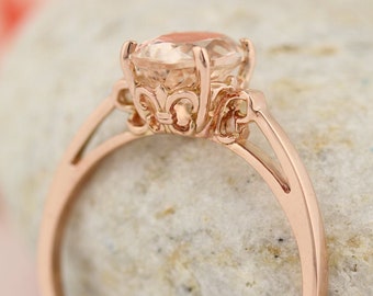 Natural Morganite Solid 14K Rose Gold Fleur-de-lis Style  Ring (8x6 MM)